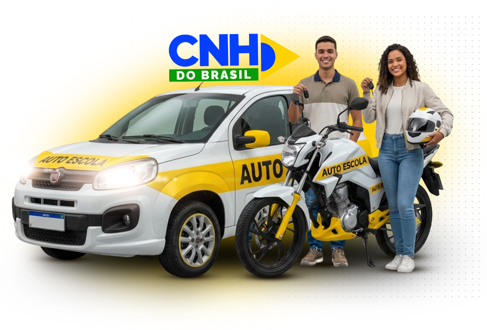Jovem casal feliz e confiante com carro moderno e moto ao fundo